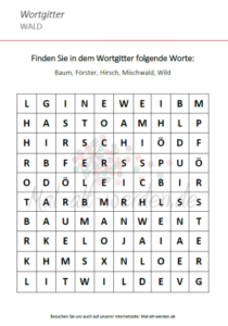 Ein Wortgitter zum Thema Wald als Arbeitsblatt.