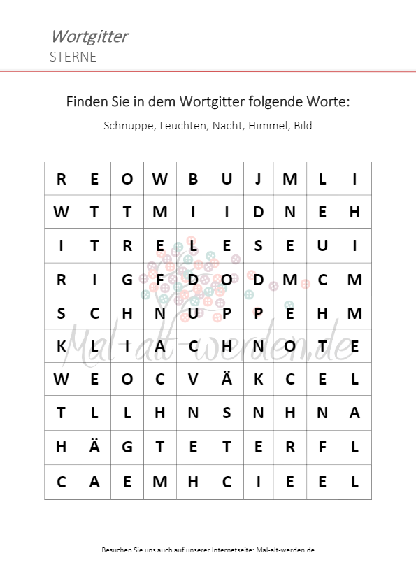 Ein Wortgitter zu dem Thema Sterne