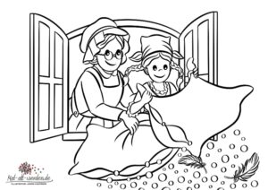 Frau Holle – Eine kostenlose Malvorlage zu dem bekannten Märchen