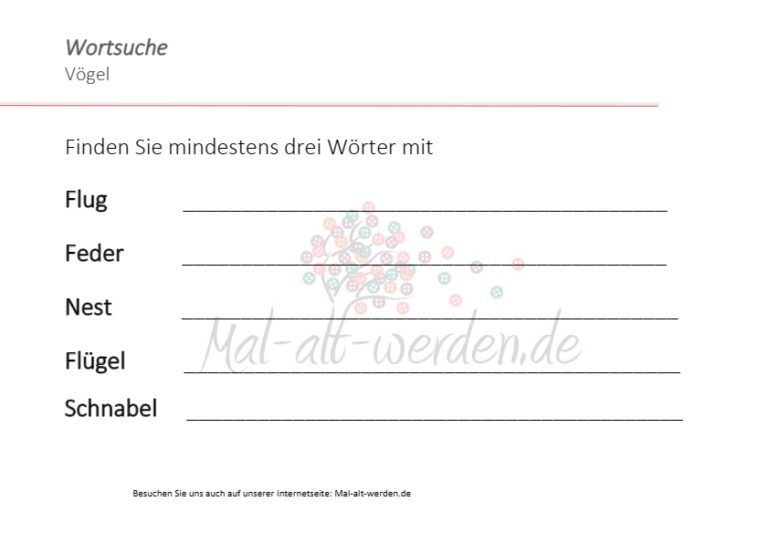 Vögel – Das Arbeitsblatt “Wortsuche” als kostenloses Gedächtnistraining
